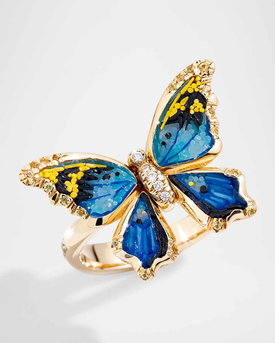 18K Nymphalia Gold Banded Forester Small Ring with Micro Mosaic, Diamonds and Yellow Sapphires